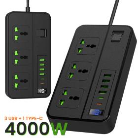 Multiprise 3 Socket avec 4 Ports USB 2 Type-C 4000W Protection Surcharge – مقبس طاقة مع منافذ شحن