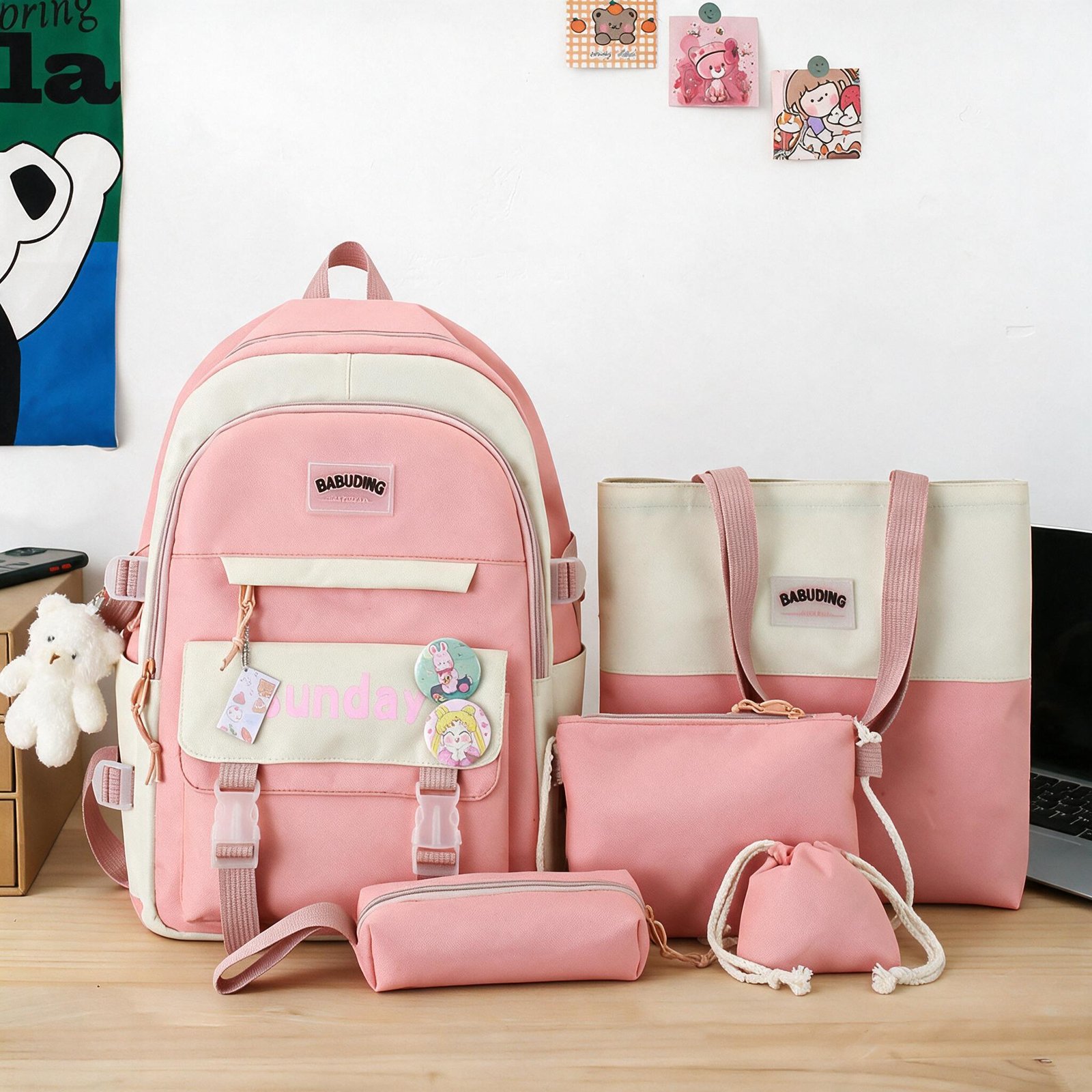 1785855300513_3flwzie4_3 Sac à Dos Multifonctionnel Kawaii Grand Volume Imperméable et Résistant 5Pcs Rose SACKDS14RS - حقيبة ظهر بعدة قطع بتصميم كاوايي - الصورة 1