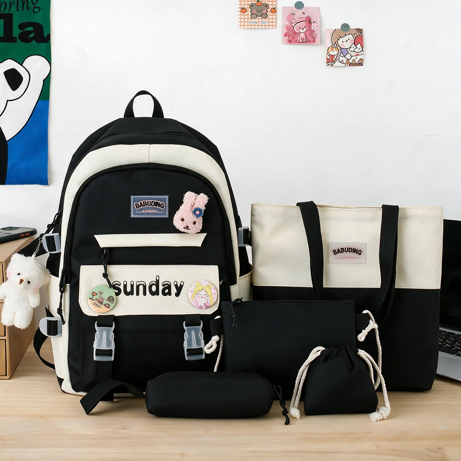 1786014131532-lzqdmp Sac à Dos Multifonctionnel Kawaii Grand Volume Imperméable et Résistant 5Pcs Noir SACKDS14N - حقيبة ظهر بعدة قطع بتصميم كاوايي - الصورة 1