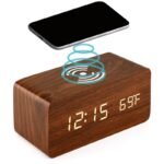 Réveil numérique de bureau en bois avec socle de charge sans fil Qi
