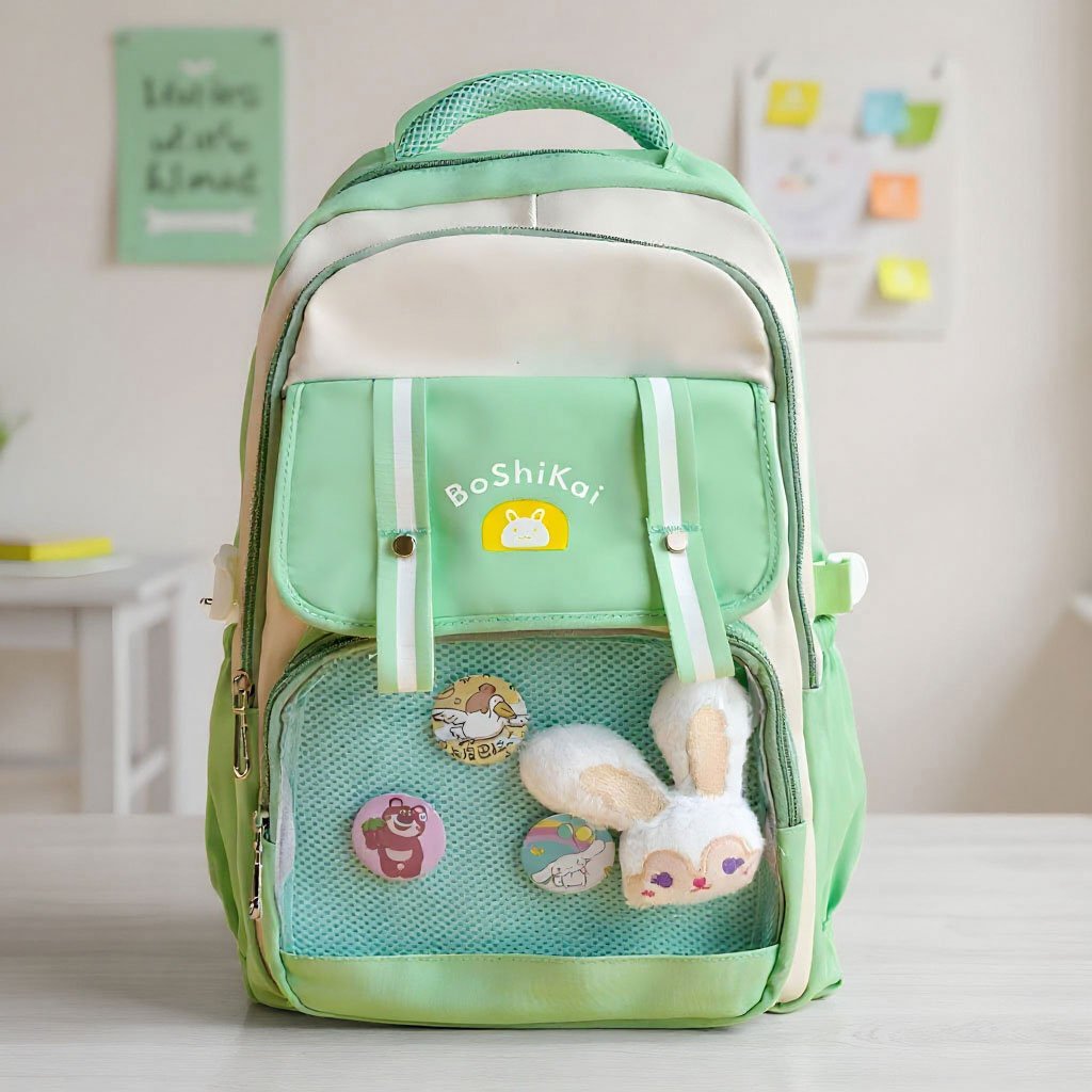 Boshikai-VERT-cnc2-1.jpg Sac à Dos Scolaire pour Enfants Style Kawaii BoShiKai Vert – حقيبة ظهر مدرسية للأطفال أخضر - الصورة 1
