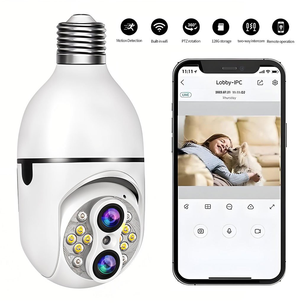 Cam-double-lens-CNC-2.jpg Caméra de Sécurité Ampoule à Double Objectif Suivi Automatique – كاميرة مراقبة بميزة التتبع الذاتي - الصورة 1