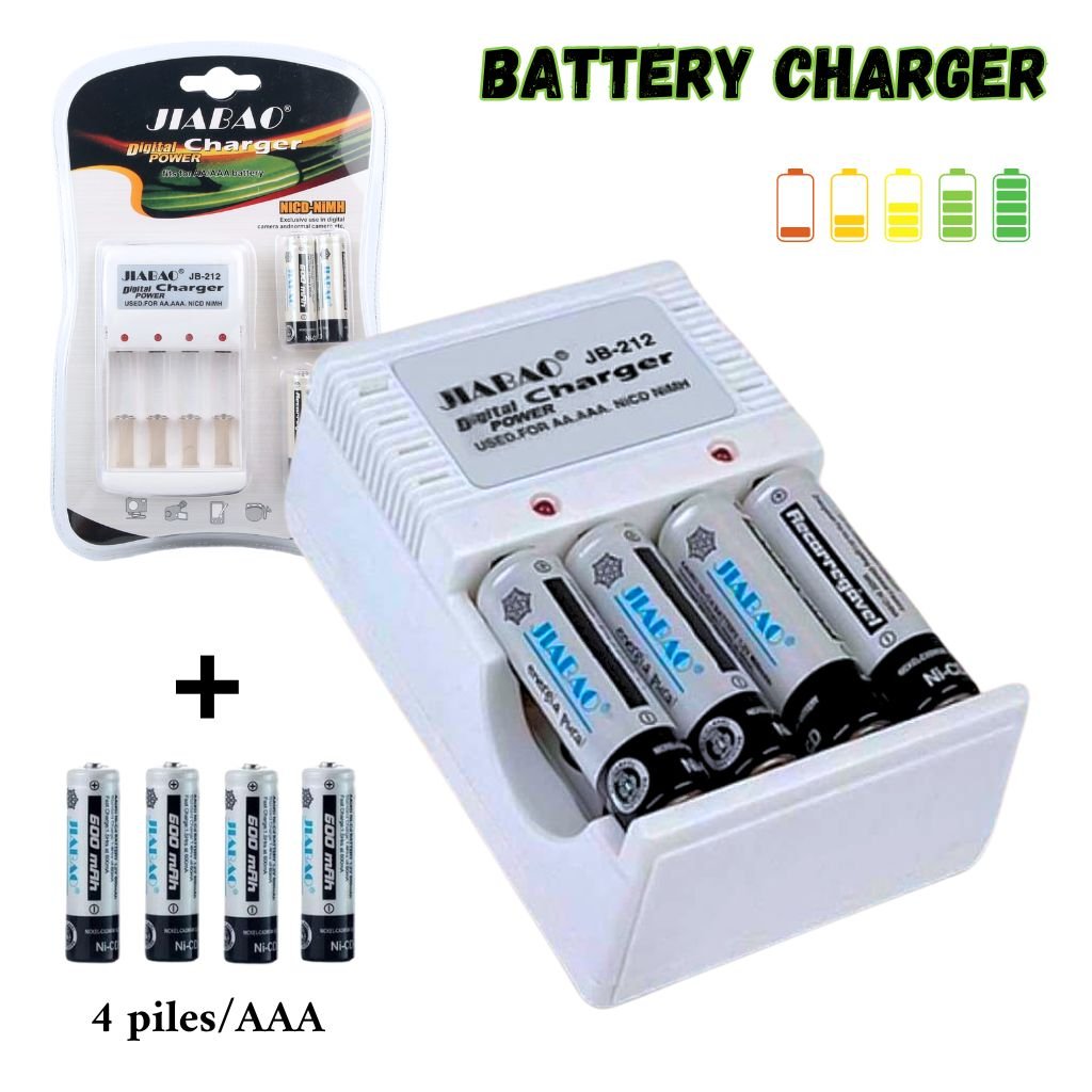 Chargeur-des-piles-rechargable-avec-4-piles-2.jpg Chargeur des piles rechargable avec 4 piles Jiabao Jb-212 - شاحن البطاريات القابلة للشحن مع 4 بطاريات - الصورة 1