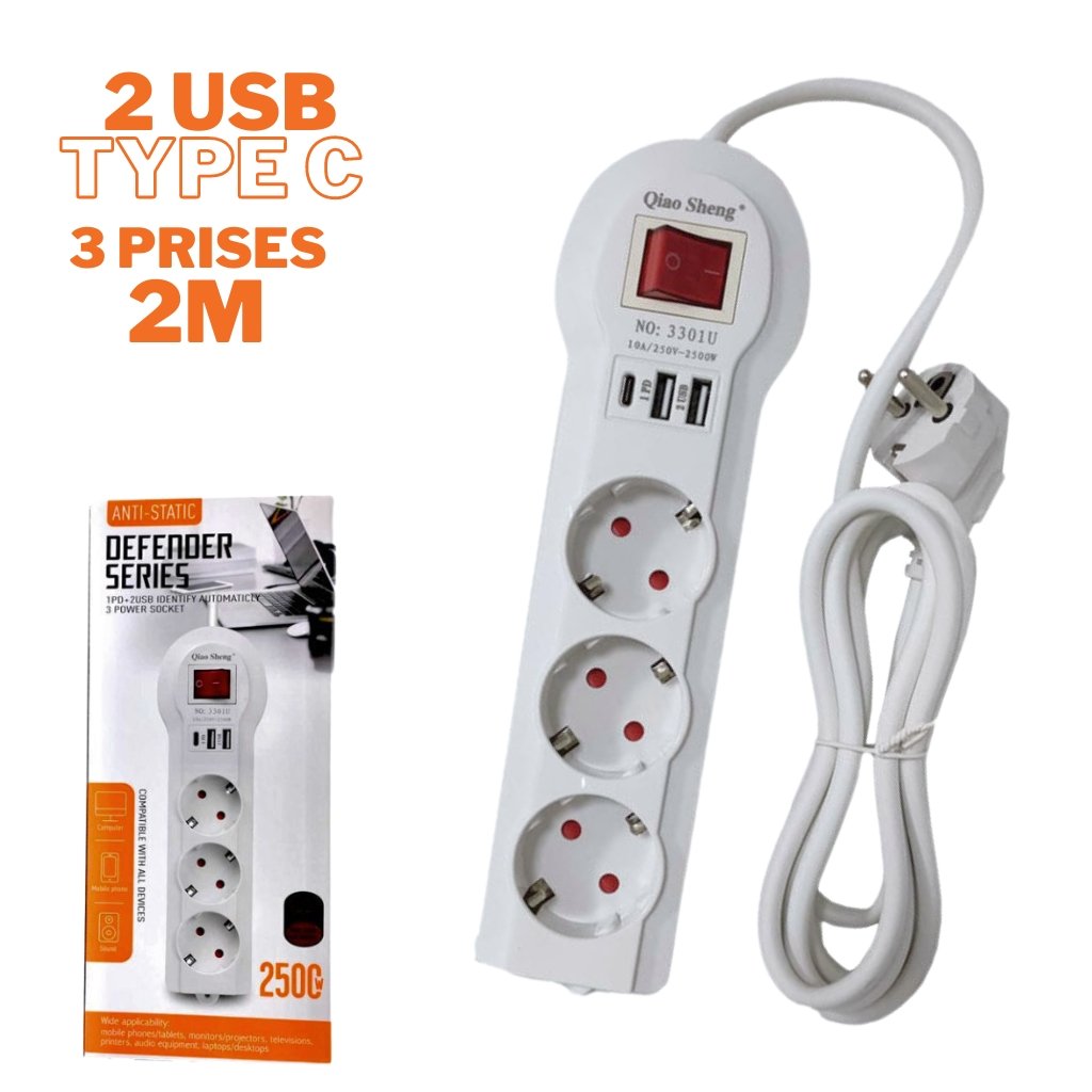 xr:d:DAFz9De9ed8:1145,j:4188762588770276098,t:24010909 Multiprise 3 prises et Type C avec 2 USB 2 m Blanc 3301U - الصورة 1