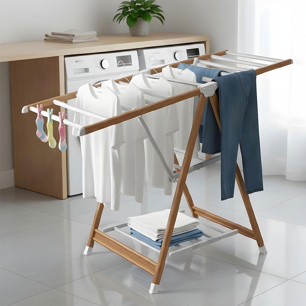 Seche-Linge-Bois-cnc-1-1.jpg Sèche linge Aluminium à 4 Roues Design Bois – مجفف ملابس مع عجلات مخفية - الصورة 1