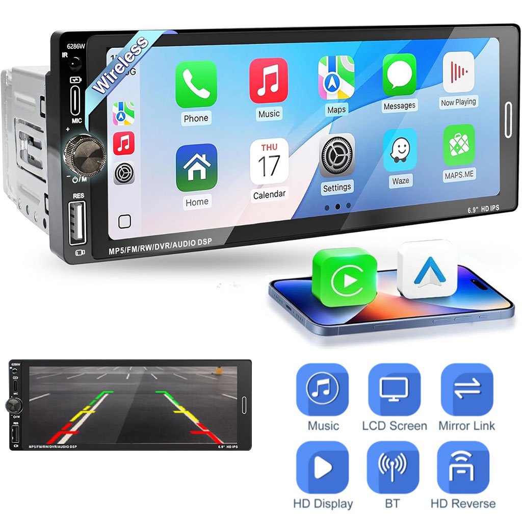 g-6286a-cnc.jpg Autoradio 1 DIN avec écran Tactile de 6,9 Pouces Compatible avec Apple CarPlay Wireless/Android Auto - جهاز راديو سيارة - الصورة 1